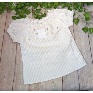THE LITTLE WHITE COMPANY Kids Girl's Striped Floral Embroidered Short Sleeve 3/4